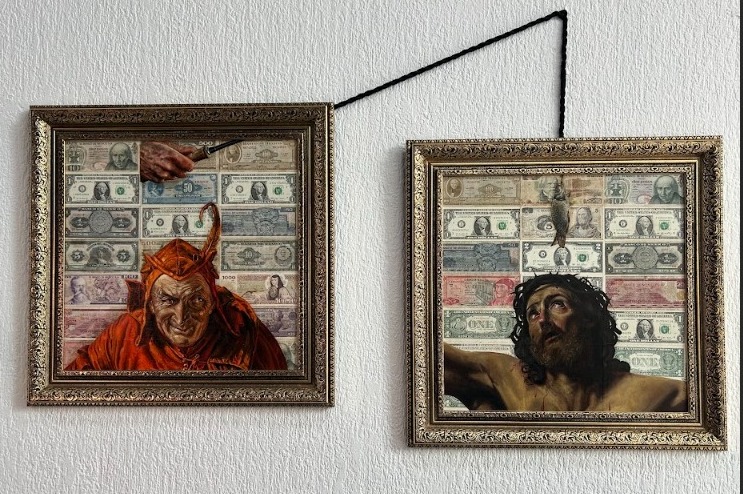 Pescadores de hombres
Óleo sobre papel moneda
95 x 46 cm
2022
