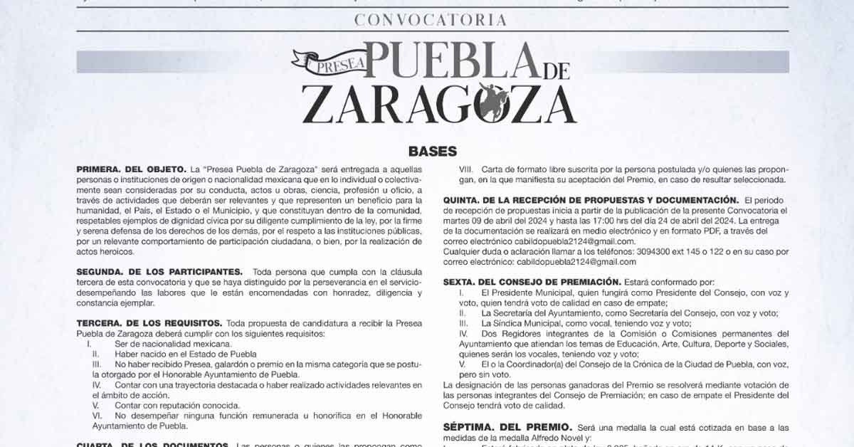 Abren convocatoria para «Presea Puebla de Zaragoza»