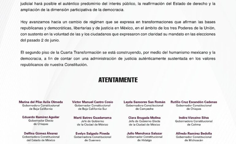 Felicitan gobernadores de Morena a diputados y senadores por la Reforma Judicial