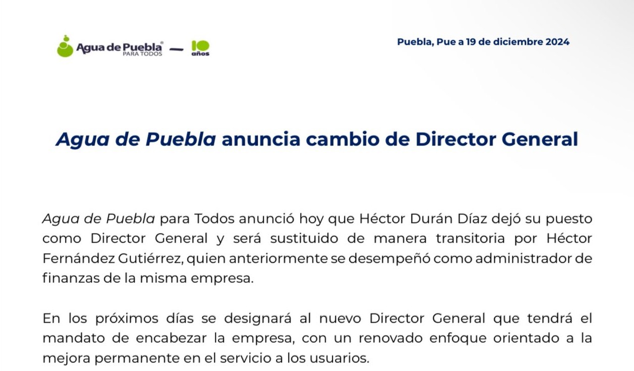 ¡Adiós! Renuncia Héctor Durán Díaz como director de Agua de Puebla