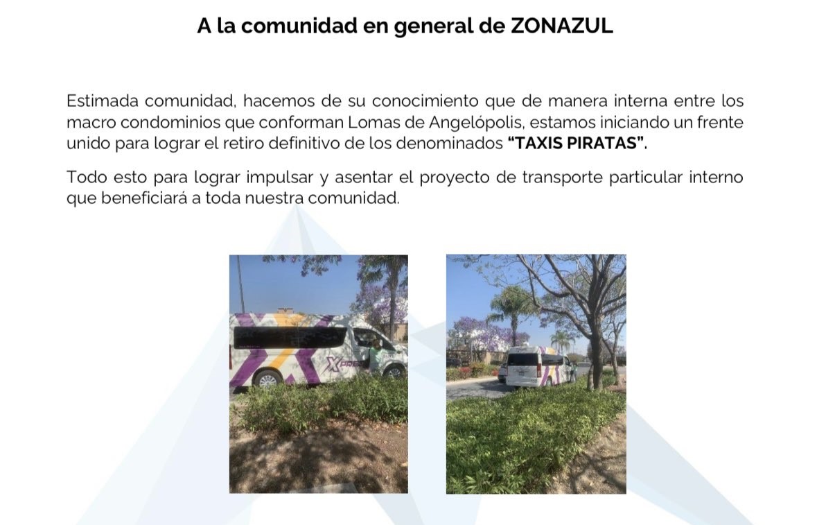 Vecinos de Lomas de Angelópolis crean frente unido para retirar taxis piratas