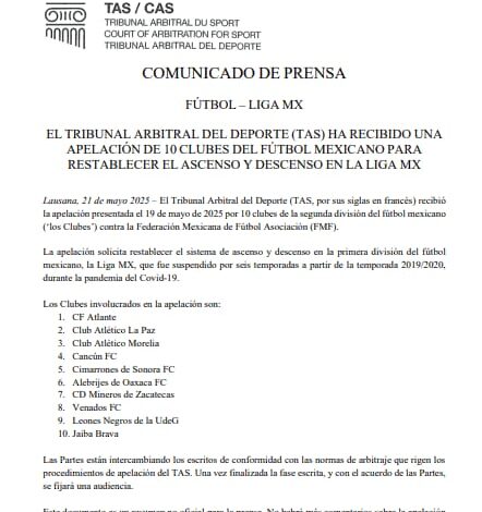 TAS confirma demanda de clubes de Expansión contra FMF y Liga MX