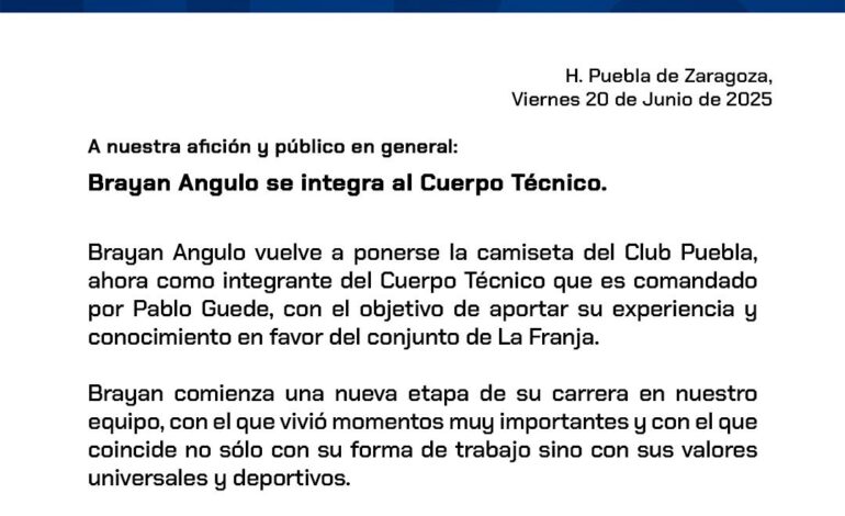 Brayan Angulo se retira como futbolista y se une al cuerpo técnico del Club Puebla