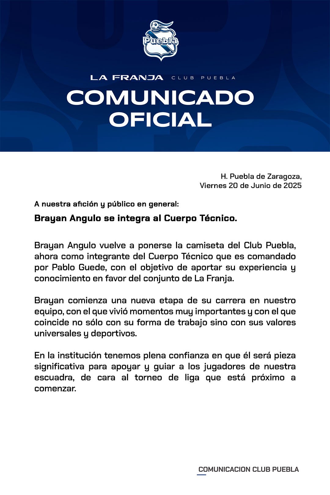 Brayan Angulo se retira como futbolista y se une al cuerpo técnico del Club Puebla