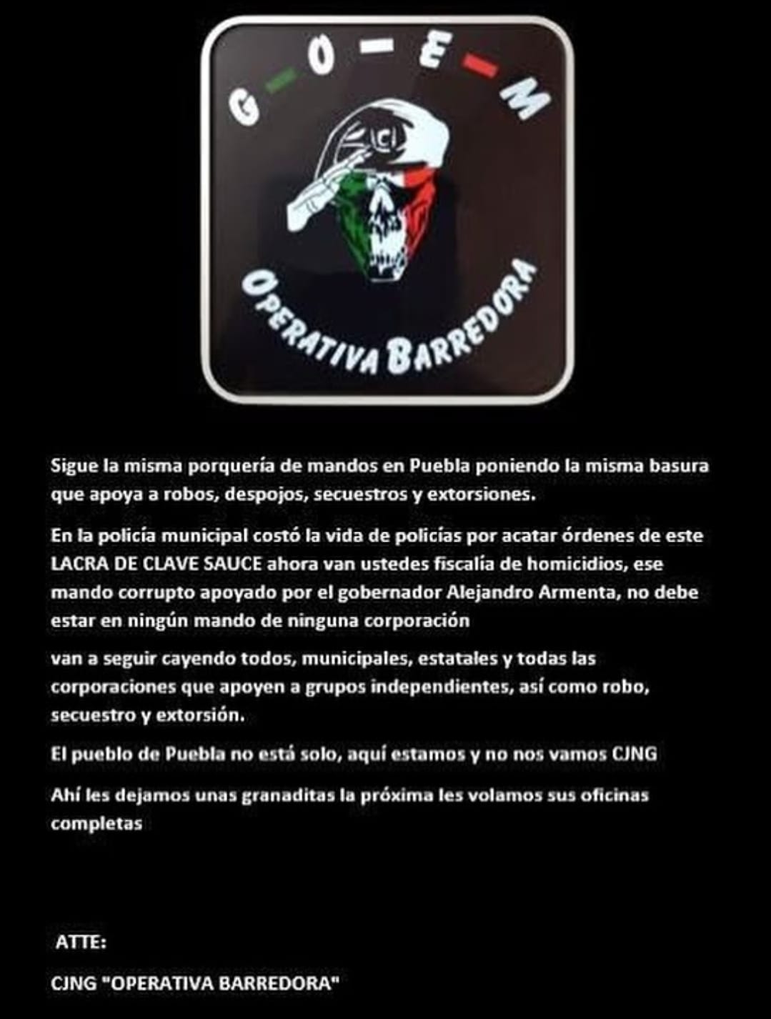 CJNG Operativa Barredora se adjudica explosiones en Coronango; lanzan amenazas a autoridades