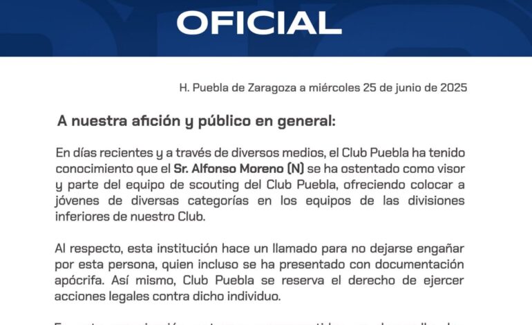 Club Puebla denunciará a falso visor que ofrecía plazas a jóvenes futbolistas