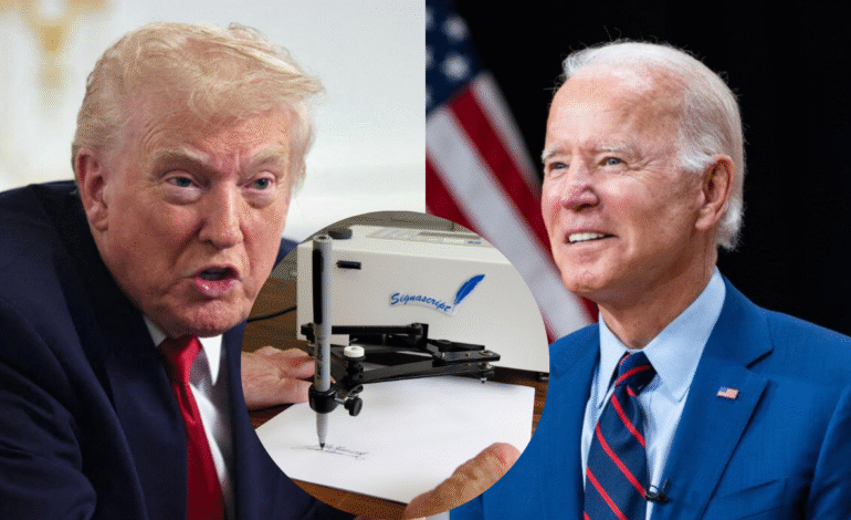 Trump anuncia que anulará las órdenes ejecutivas de Biden firmadas con un bolígrafo automático.