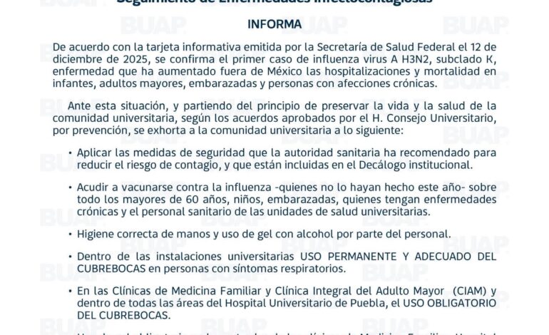 La BUAP emite recomendaciones tras confirmarse primer caso de influenza H3N2 en México