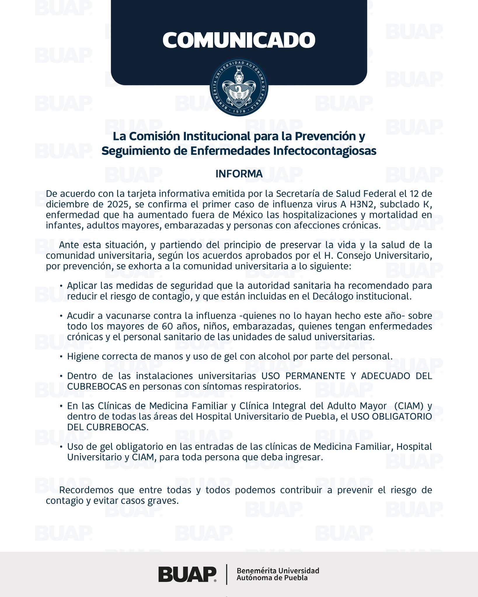 La BUAP emite recomendaciones tras confirmarse primer caso de influenza H3N2 en México