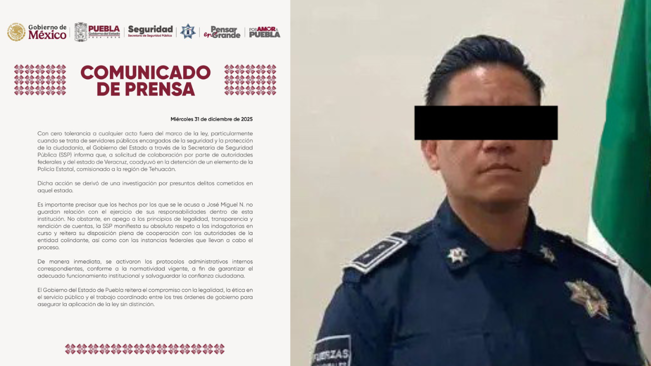 La SSP confirmó la detención del comisionado de la Policía Estatal de Tehuacán por presuntos actos de extorsión