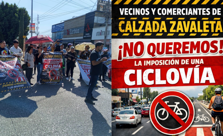 Vecinos y locatarios de la calzada Zavaleta, en Puebla, se manifiestan contra ciclovía