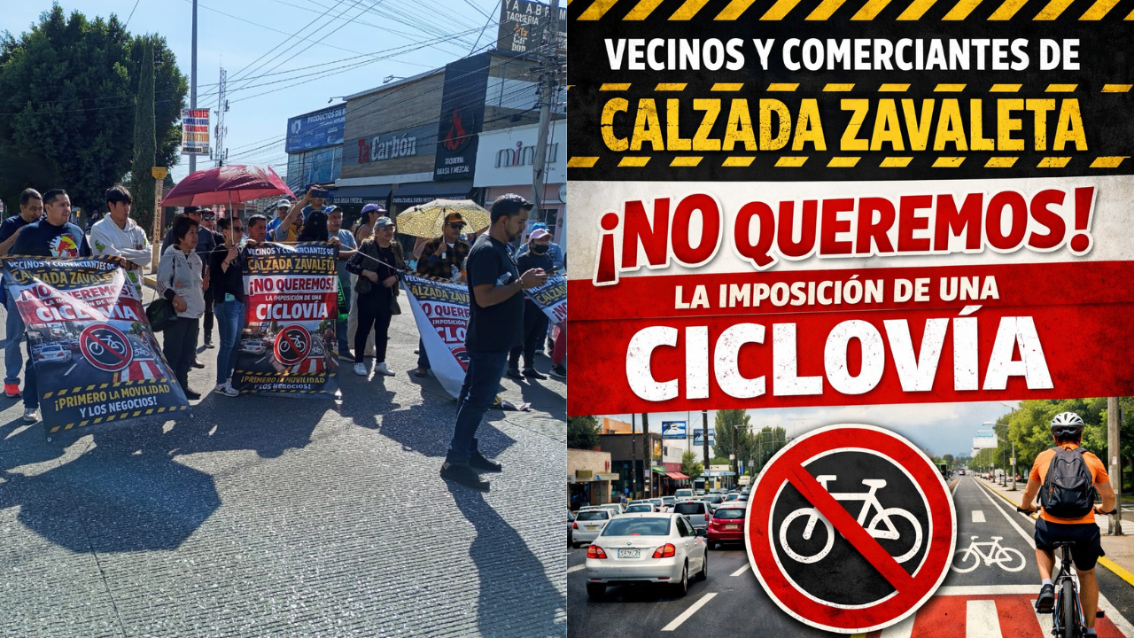 Vecinos y locatarios de la calzada Zavaleta, en Puebla, se manifiestan contra ciclovía