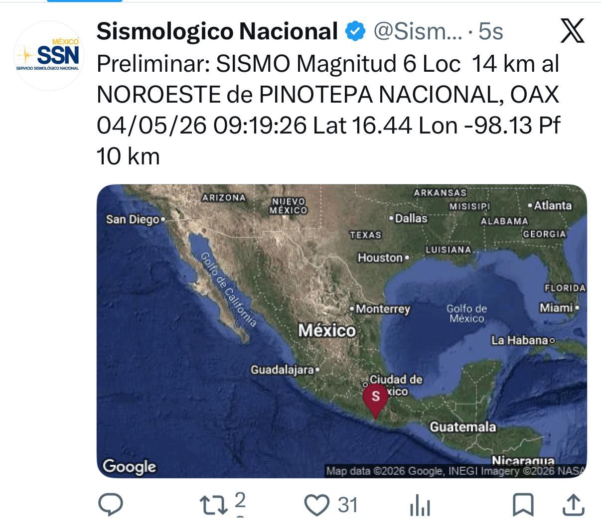 Protección Civil descarta afectaciones en Puebla tras sismo de magnitud 6.0