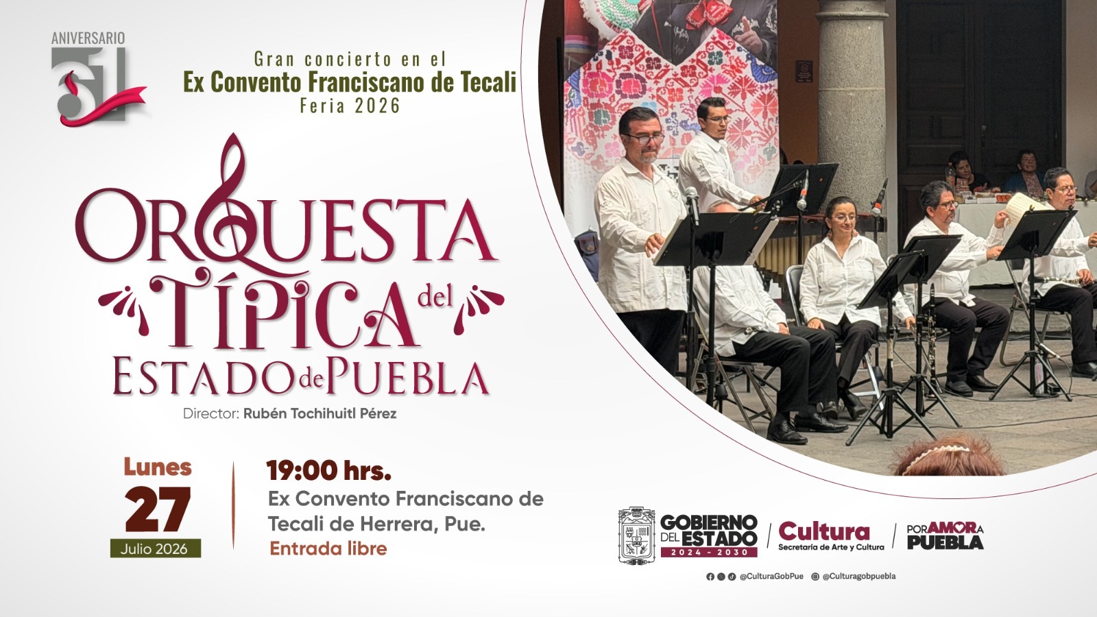 Orquesta Típica de Puebla ofrecerá concierto en Exconvento Franciscano de Tecali