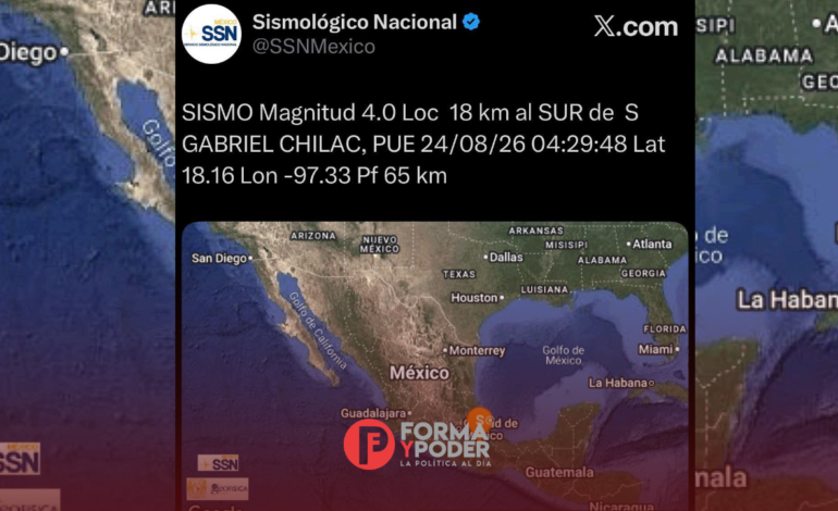 Se registra sismo de magnitud 4.0 en San Gabriel Chilac